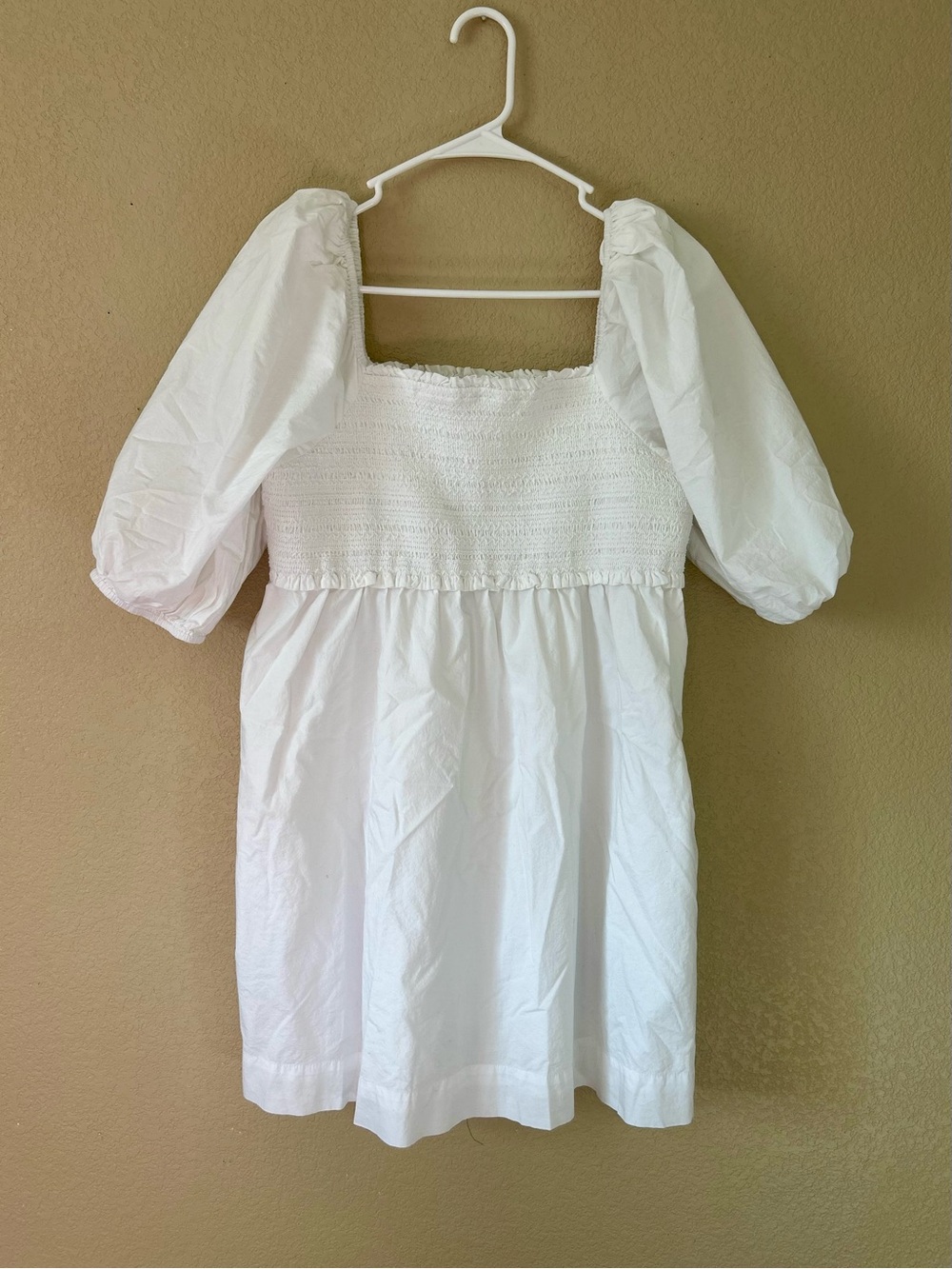 AE White Smock Sq.Neck Mini Dress Puff Sleeves Lined Pockets Size L never worn